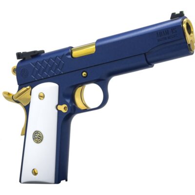Dickinson LLC DKSN45SM Adam 1911 Sapphire Full Size 45 ACP 8+1 5″ Gold Barrel, Blue Sapphire Steel Slide & Frame w/Beavertail White Grip