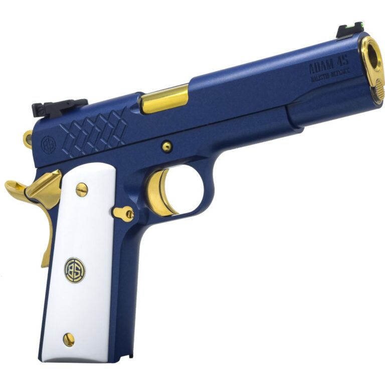 Dickinson LLC DKSN45SM Adam 1911 Sapphire Full Size 45 ACP 8+1 5″ Gold Barrel, Blue Sapphire Steel Slide & Frame w/Beavertail White Grip Dickinson LLC DKSN45SM Adam 1911 Sapphire Full Size 45 ACP 8+1 5″ Gold Barrel, Blue Sapphire Steel Slide & Frame w/Beavertail White Grip