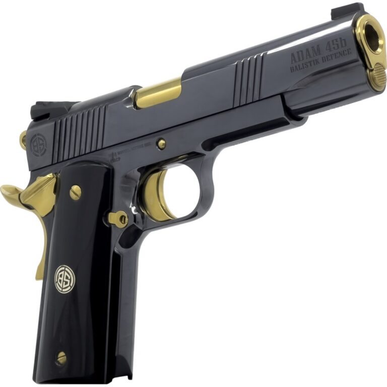 Dickinson LLC DKSN45AB Adam 1911 Acoustic Full Size 45 ACP 8+1 5″ Gold Barrel, Shiny Black Steel B Serrations Slide, Shiny Black Steel Frame w/Beavertail Dickinson LLC DKSN45AB Adam 1911 Acoustic Full Size 45 ACP 8+1 5″ Gold Barrel, Shiny Black Steel B Serrations Slide, Shiny Black Steel Frame w/Beavertail