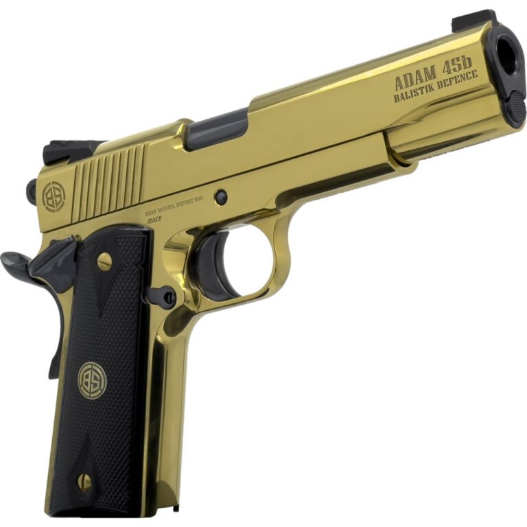 Dickinson LLC DKSN45GB Adam 1911 Golden 45 ACP 8+1 5″ Black Barrel, Gold Cerakote Steel B Serrations Slide, Gold Steel Frame w/Beavertail, Black Textured Grip Dickinson LLC DKSN45GB Adam 1911 Golden 45 ACP 8+1 5″ Black Barrel, Gold Cerakote Steel B Serrations Slide, Gold Steel Frame w/Beavertail, Black Textured Grip