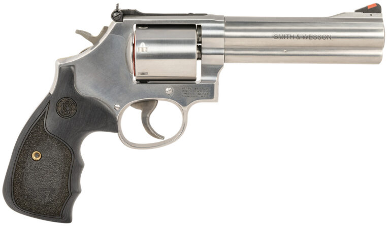 Smith & Wesson 150854 Model 686 Plus 38 S&W Spl +P, 357 Mag 7rd 5″ Stainless Steel Barrel & Cylinder Satin Stainless Steel Frame with Black & Silver Custom Wood Grip & Red Ramp Front Sight Smith & Wesson 150854 Model 686 Plus 38 S&W Spl +P, 357 Mag 7rd 5″ Stainless Steel Barrel & Cylinder Satin Stainless Steel Frame with Black & Silver Custom Wood Grip & Red Ramp Front Sight