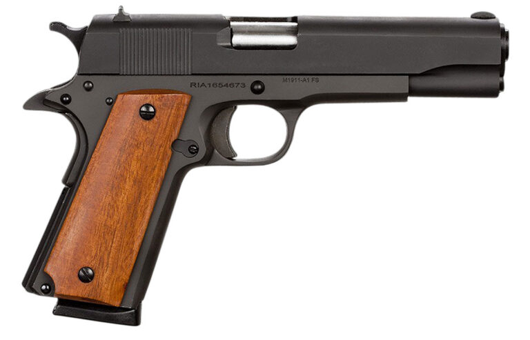 Rock Island 51421 GI Standard FS *CA Compliant 45 ACP Caliber with 5″ Barrel, 8+1 Capacity, Overall Black Parkerized Finish Steel, Beavertail Frame, Serrated Slide & Wood Grip Rock Island 51421 GI Standard FS *CA Compliant 45 ACP Caliber with 5″ Barrel, 8+1 Capacity, Overall Black Parkerized Finish Steel, Beavertail Frame, Serrated Slide & Wood Grip
