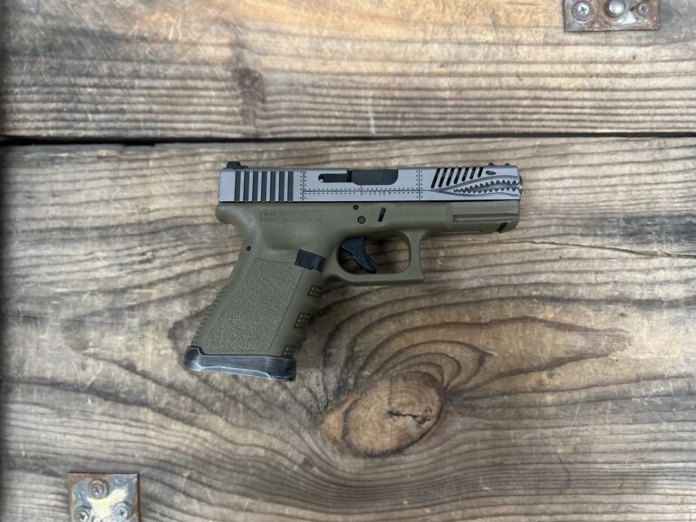 Glock 19, 9mm Luger, 10+1, 4.02″ Black Barrel, Custom “P40 Warhawk” Style Slide, Green Polymer Lower Grip Assembly, Brushed Metal Flared Magwell, OEM Case