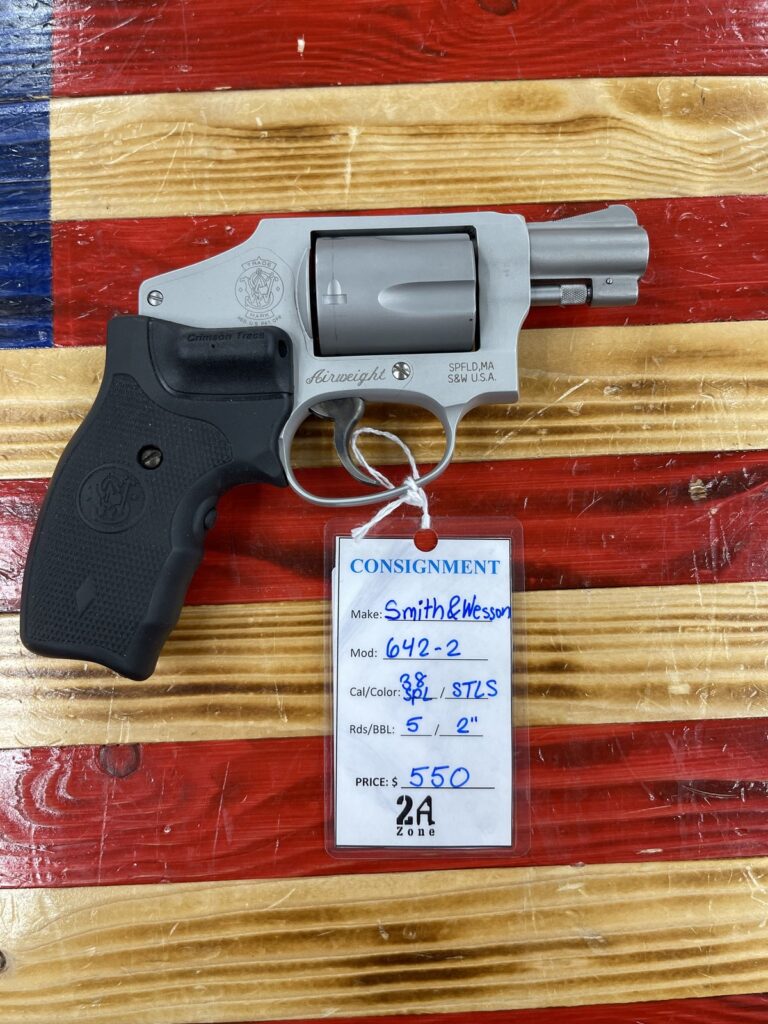 Smith & Wesson, 642-2 Airweight, 38SPL, DA revolver, Stainless, 2inch, Crimson trace laser grip, no case, no lock Smith & Wesson, 642-2 Airweight, 38SPL, DA revolver, Stainless, 2inch, Crimson trace laser grip, no case, no lock