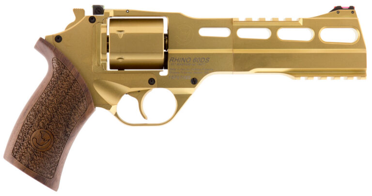 Chiappa Firearms 340225 Rhino 60DS Medium Frame 357 Mag 6 Shot, 6″ Gold Plated PVD Steel Vent Rib Barrel & Cylinder, Gold Plated PVD Aluminum Frame, Walnut Grip, Concealed Hammer Chiappa Firearms 340225 Rhino 60DS Medium Frame 357 Mag 6 Shot, 6″ Gold Plated PVD Steel Vent Rib Barrel & Cylinder, Gold Plated PVD Aluminum Frame, Walnut Grip, Concealed Hammer