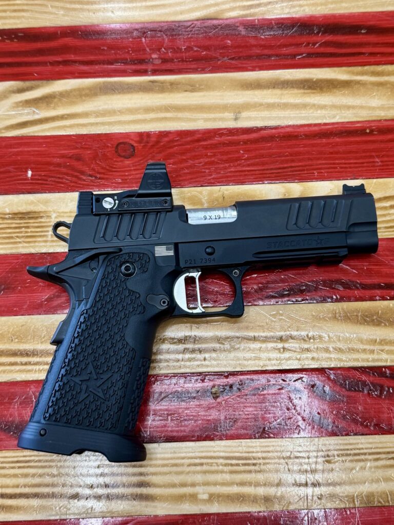 Staccato P, Semi Auto, Handgun, Black, 9mm, 4.5″ Barrel, Stainless Barrel, Stainless, Atlas flat face trigger, Leupold DP-Pro with housing protector, suppressor height ironsight, 3 (10) Round Magazines, OEM Case and lock. Staccato P, Semi Auto, Handgun, Black, 9mm, 4.5″ Barrel, Stainless Barrel, Stainless, Atlas flat face trigger, Leupold DP-Pro with housing protector, suppressor height ironsight, 3 (10) Round Magazines, OEM Case and lock.