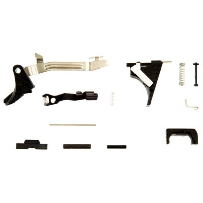 KCI USA, Lower Parts Kit, Fits GLOCK 43, Includes Trigger with Trigger Bar, Trigger Housing with Ejector Pre-Installed, Trigger Spring, Connector, Slide Stop Release, Slide Stop Release Spring, Magazine Release, Magazine Release Spring, Slide Lock, Slide Lock Spring, Trigger Housing Pin, Trigger Pin, Does Not Include Frame, Locking Block, or Magazine