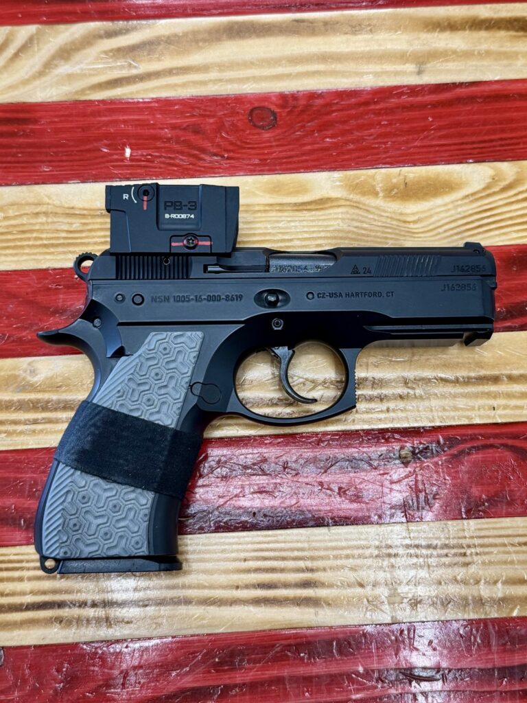 CZ 75 P-01, Handgun, Semi, Black, 3.67″ Barrel, DA/SA, Safety Decocker only, Gray LOK Grips, OEM Grips, Lead & Steel PB-3 Red Dot, OEM CASE AND LOCK, (2) 10 Rd Mags
