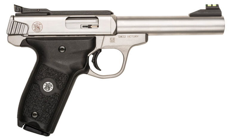 Smith & Wesson 108490 SW22 Victory Full Size Frame 22 LR 10+1, 5.50″ Silver Match Grade Barrel, Satin Serrated Slide & Frame, Black Textured Grip, Thumb Safety