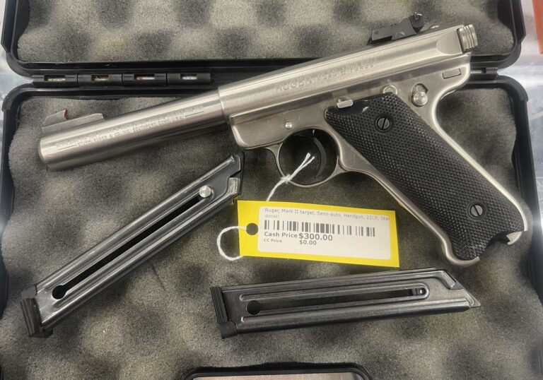 Ruger, Mark II target, Semi-auto, Handgun, 22LR, Stainless, 5.5inch, 2 Magazines, Case