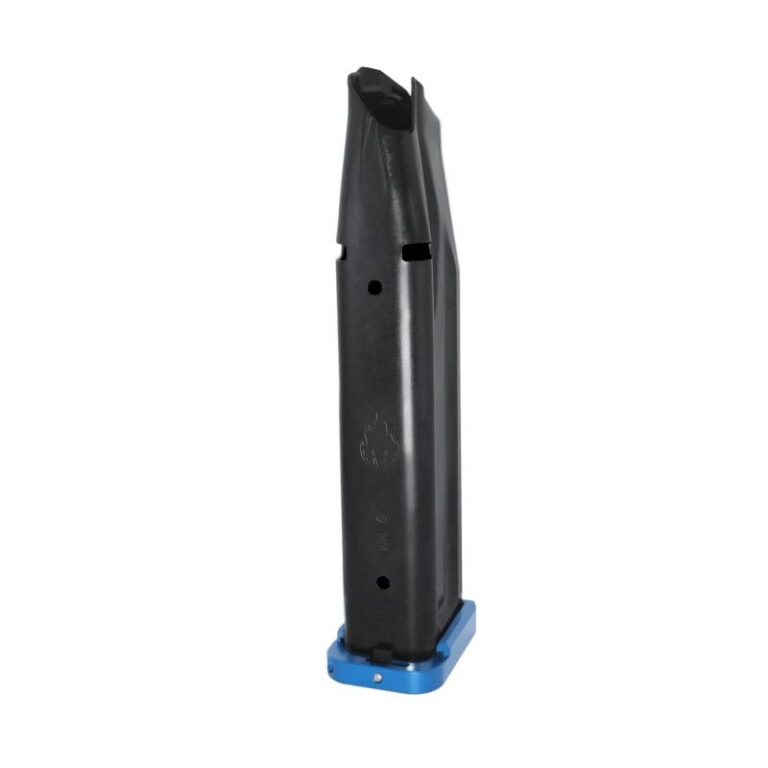 Atlas Gunworks 3501-41480 Premuim 140mm Magazines 23 Rounds 9mm with Alphalock Basepad – Blue, Black DLC Finish