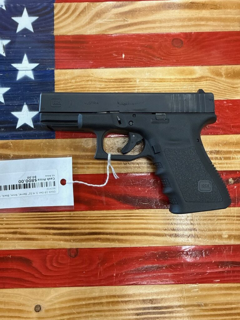 Glock 19 Gen 3, 4.02″ Barrel, 9mm, Black, Semi Auto, 2 10 Round Magazines, OEM Case, OEM Lock