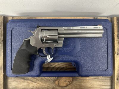 Colt’s Manufacturing Anaconda Target Revolver, .44 Magnum, 6” Barrel, Stainless Steel Finish, Hogue Rubber Grip, Adjustable Rear Sight, Orange Fiber Optic Front Sight, 6 Rounds, OEM Box and Cable Lock