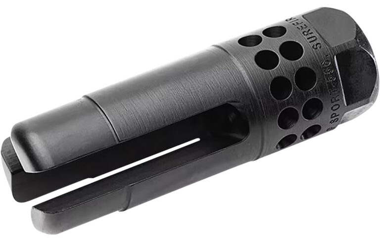 SureFire WARCOMPSPORT7625824 Warcomp Sport Flash Hider 30 Cal (7.62mm NATO) 5/8″-24 Tpi, Open Tine 3-Prong, Ported Black Stainless Steel for AR/M4 Platform