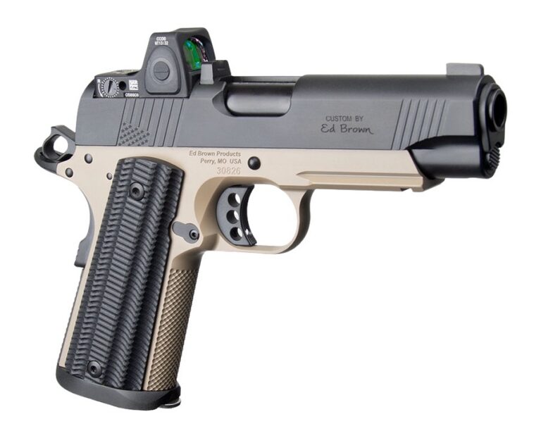 Ed Brown  Special Forces Commander SOCOM w/Optic 45 ACP 7+1 4.25″ Black Nitride Barrel, Black Gen4 Stainless Steel Serrated w/Optic Slide, Flat Dark Earth Gen4 Stainless Steel Frame w/Accessory Rail,