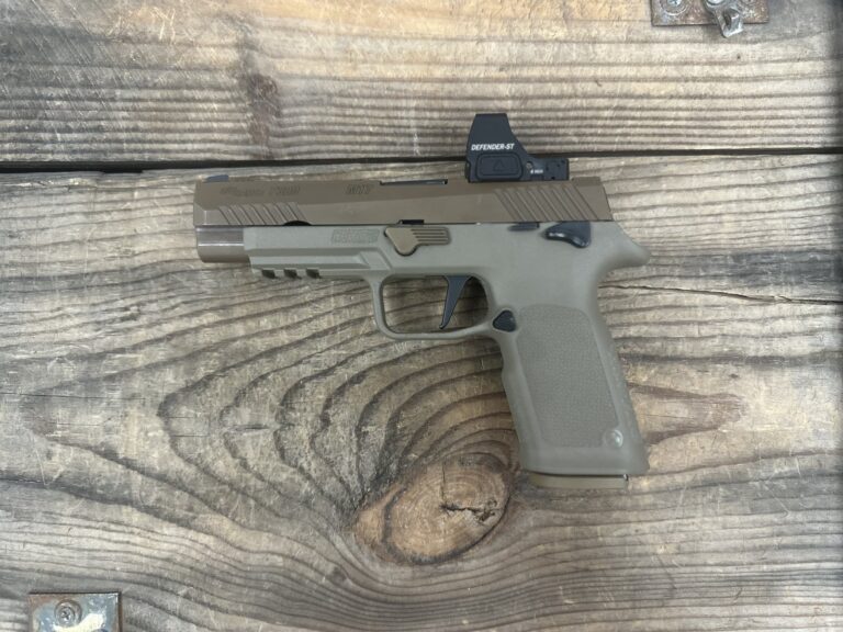 Sig Sauer P320 9mm 5″ Tan W/Defender Red Dot 1x 10-round MAG OEM FSD Sig Sauer P320 9mm 5″ Tan W/Defender Red Dot 1x 10-round MAG OEM FSD
