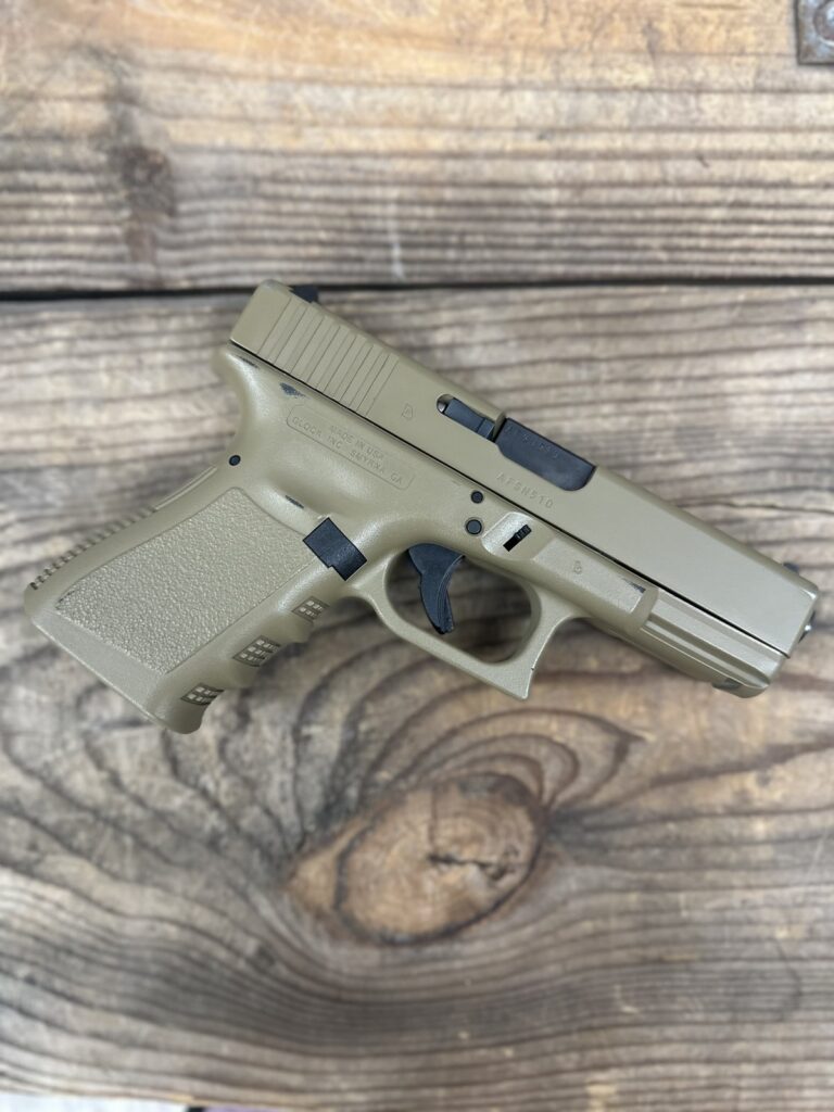 Glock 19 Gen 3, Custom FDE Cerakote Slide and Lower, 4.02″ Barrel, 9mm, Semi Auto, 2 10 Round Magazines, OEM Case Glock 19 Gen 3, Custom FDE Cerakote Slide and Lower, 4.02″ Barrel, 9mm, Semi Auto, 2 10 Round Magazines, OEM Case