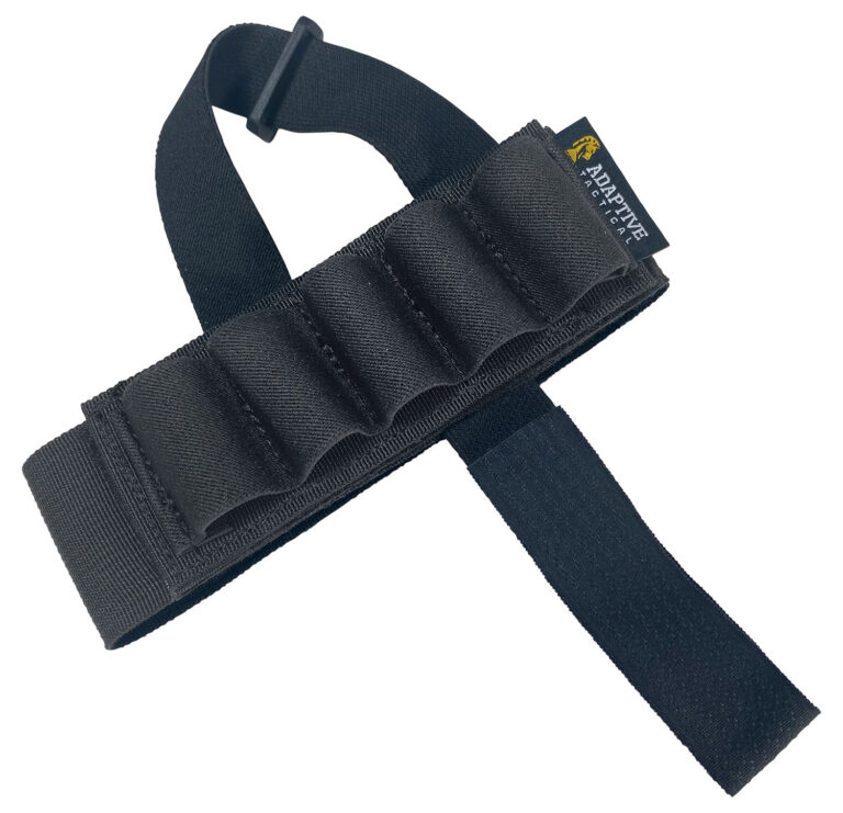 ADAPTIVE TACTICAL AT06400 Stock Mounted Shell Carrier 5-Round Shotshells Removable Black Nylon Non Slip Loops Adjustable Stock Fit ADAPTIVE TACTICAL AT06400 Stock Mounted Shell Carrier 5-Round Shotshells Removable Black Nylon Non Slip Loops Adjustable Stock Fit