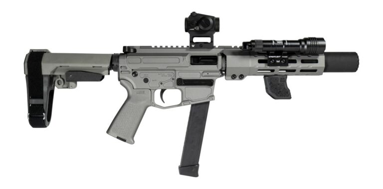 Shark Coast Tactical SCC06742SPGY9-D Sneeky Pete Deluxe w/Optic 9mm Luger 30+1 5.50″ Black Melonite Threaded Barrel, Gray Cerakote Receiver, SB Tactical SBA3 Brace, Vortex Crossfire Red Dot, Streamlig