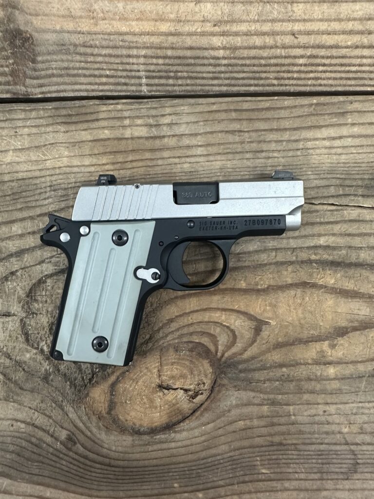Sig Sauer, P238, California Compliant, Single Action Only, Semi-automatic, Metal Frame Pistol, Compact, 380 ACP, 2.7″ Barrel, Alloy, Two-Tone, Gray Polymer Grips, SIGLITE Night Sights, Manual Thumb Safety, 6 Rounds, 2 Magazines, no box Sig Sauer, P238, California Compliant, Single Action Only, Semi-automatic, Metal Frame Pistol, Compact, 380 ACP, 2.7″ Barrel, Alloy, Two-Tone, Gray Polymer Grips, SIGLITE Night Sights, Manual Thumb Safety, 6 Rounds, 2 Magazines, no box
