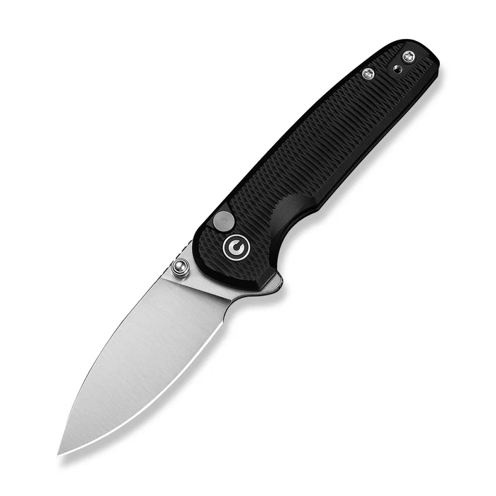 Mini Shakan Flipper & Thumb Stud & Button Lock Knife Ripple Patterned Black Aluminum Handle (2.48  Satin Finished Nitro-V Blade)