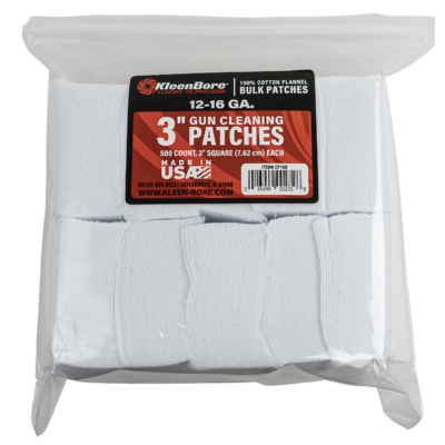 KleenBore Super Shooter Cotton Patches 500 CT – 3″ for 12–16 Gauge