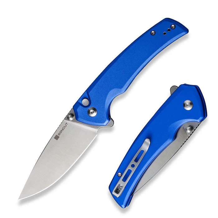 Serene Flipper/Thumb Stud Folding Knife 3.48 Satin D2 Drop Point Plain Edge Blade, Bright Blue Aluminum Handle Serene Flipper/Thumb Stud Folding Knife 3.48 Satin D2 Drop Point Plain Edge Blade, Bright Blue Aluminum Handle