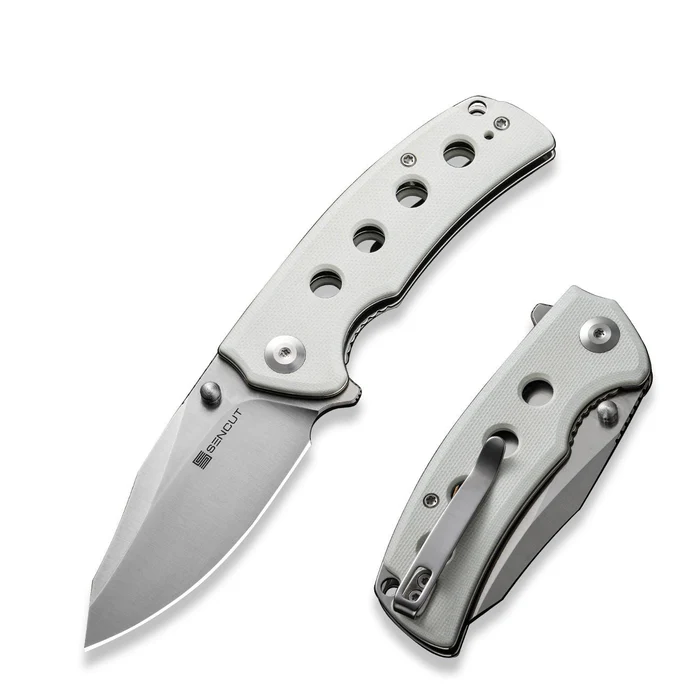 Excalis Flipper/Thumb Stud Folding Knife 2.97  Satin 9Cr18MoV Reverse Tanto Plain Edge Blade, White G10 Handle