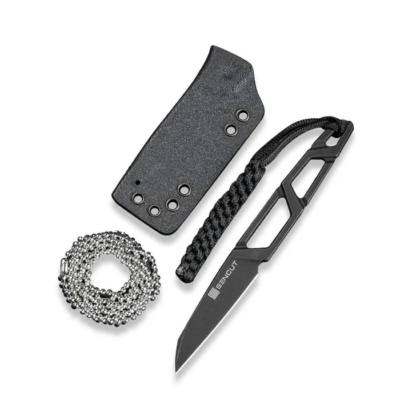 TEXO Fixed Blade Neck Knife 1.97  Black 9Cr18MoV Reverse Tanto Plain Edge Blade, Skeletonized Handle & Kydex Sheath