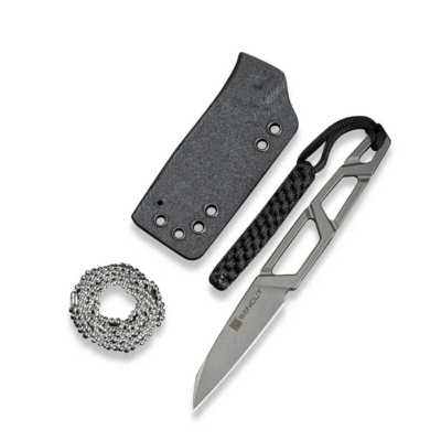 TEXO Fixed Blade Neck Knife 1.97  Stonewash 9Cr18MoV Reverse Tanto Plain Edge Blade, Skeletonized Handle & Kydex Sheath