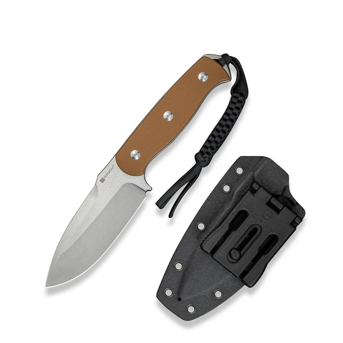 Toxodon Fixed Blade Knife 4.57  Satin 9Cr18MoV Drop Point Plain Edge Blade, Brown G10 Handle & Kydex Sheath