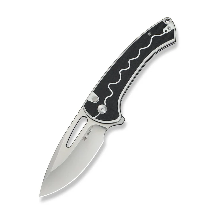 SENCUT Squiggy Flipper & Thumb Hole & Button Lock Knife White / Black G10 Handle SENCUT Squiggy Flipper & Thumb Hole & Button Lock Knife White / Black G10 Handle
