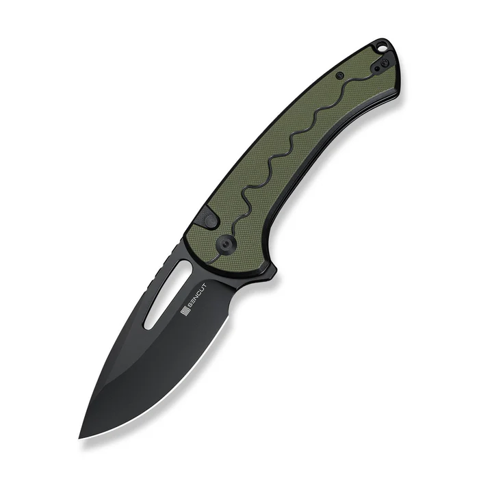SENCUT Squiggy Flipper & Thumb Hole & Button Lock Knife Black / Green G10 Handle SENCUT Squiggy Flipper & Thumb Hole & Button Lock Knife Black / Green G10 Handle