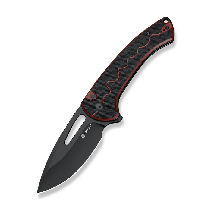 SENCUT Squiggy Flipper & Thumb Hole & Button Lock Knife Burgundy / Black G10 Handle SENCUT Squiggy Flipper & Thumb Hole & Button Lock Knife Burgundy / Black G10 Handle