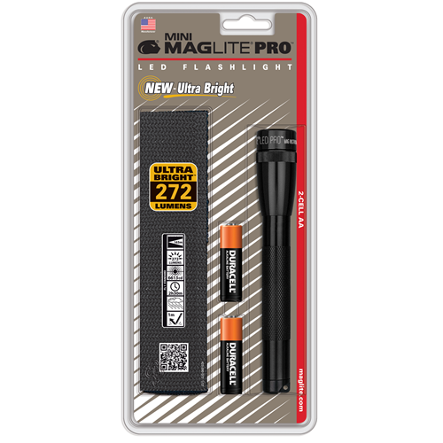 Maglite Mini Pro LED – Compact 2-cell AA flashlight with 272 lumens and holster included. Maglite Mini Pro LED – Compact 2-cell AA flashlight with 272 lumens and holster included.