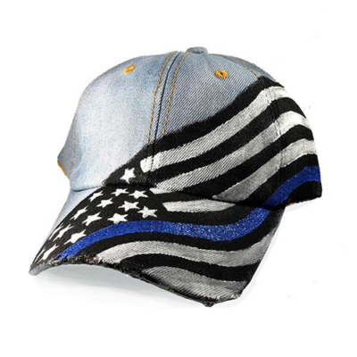 Women’s Hand Painted Hat – Thin Blue Line Flag